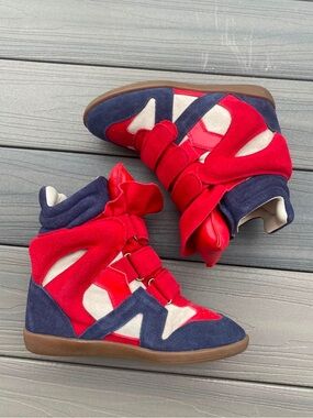 Isabel Marant Red Navy Suede & Canvas Wedge Sneakers